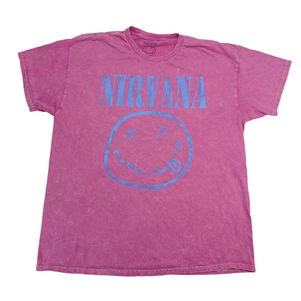 Nirvana Smiley Face Graphic Tee Magenta Mineral Wash Pink Blue XL RockBand Shirt